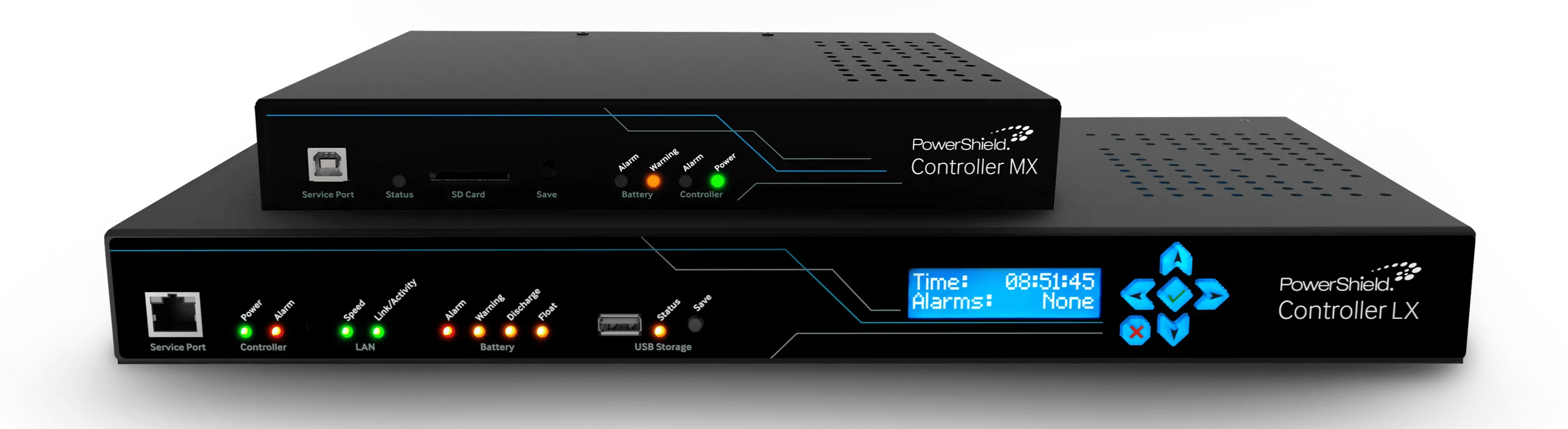 Photo of the PowerShield Controller MX and Controller LX units, showing status LEDs and control interface